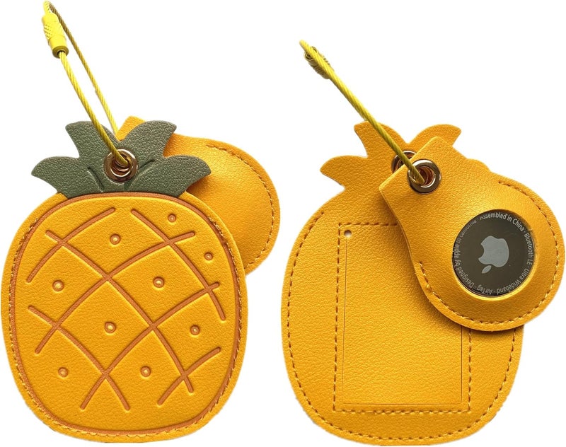 ZOUITY CuteLeather Luggage Tag Holder with Airtag Case Set,Hidden Compartment for AirTag Travel Suitcase Tracking Case with Stainless Steel Loop,Name ID Label(Pineapple) - Image 1